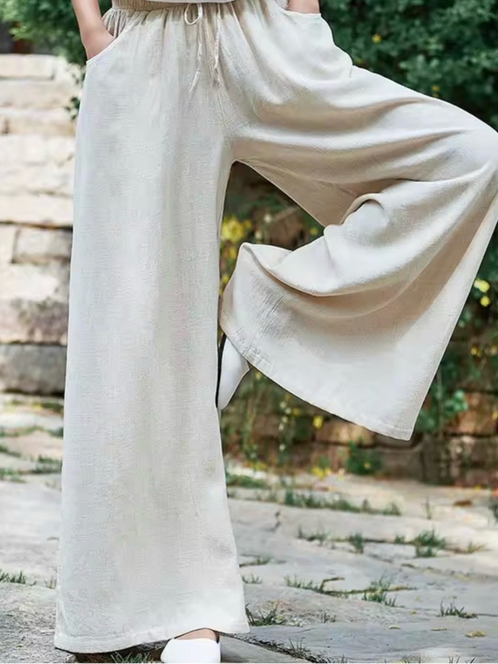 Women's Wide-Leg Cotton Linen Blend Pants - Cream - Picture 2 of 6